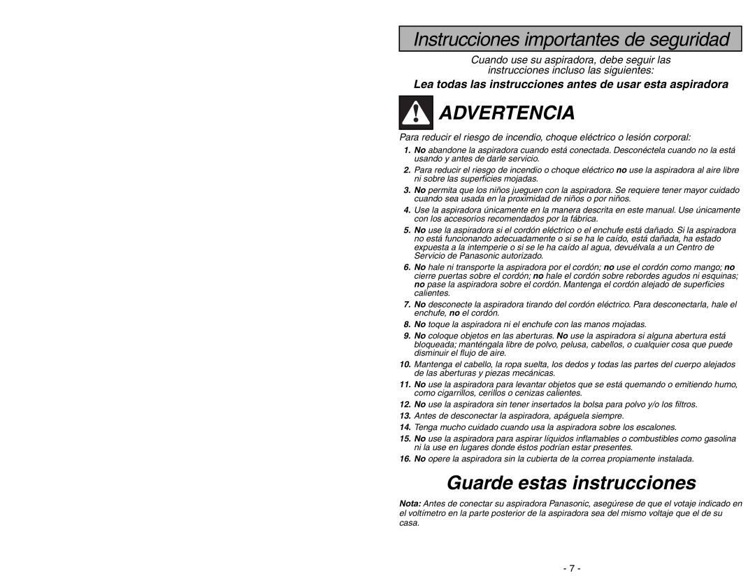 Panasonic MC-V225 manuel dutilisation Instrucciones importantes de seguridad, Advertencia, Guarde estas instrucciones 