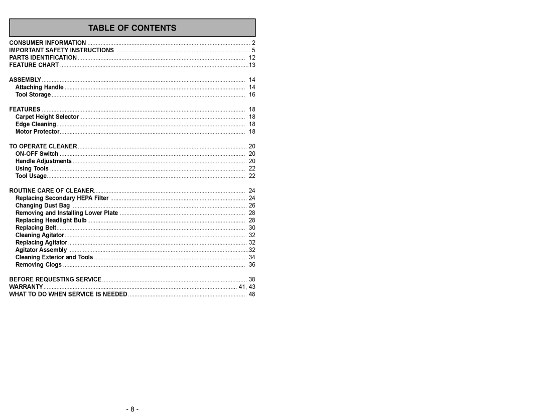 Panasonic MC-V225 manuel dutilisation Table Of Contents 