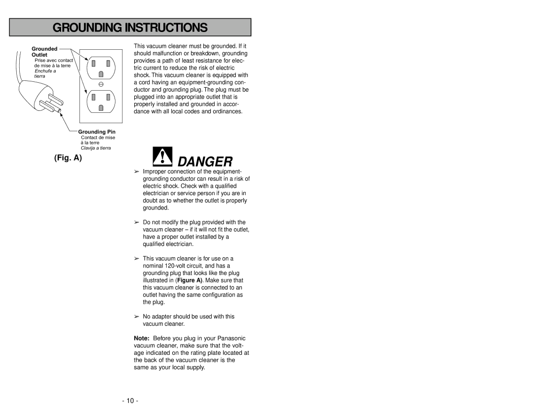 Panasonic MC-V325 manuel dutilisation Grounding Instructions 