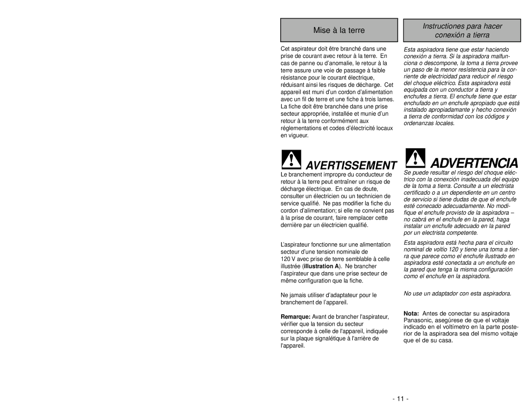 Panasonic MC-V325 manuel dutilisation Avertissement 