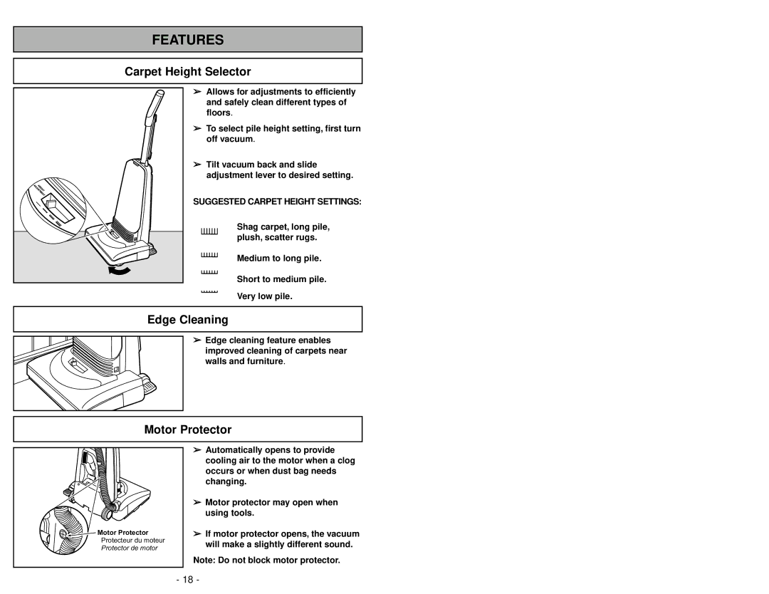 Panasonic MC-V325 manuel dutilisation Carpet Height Selector, Edge Cleaning, Motor Protector 