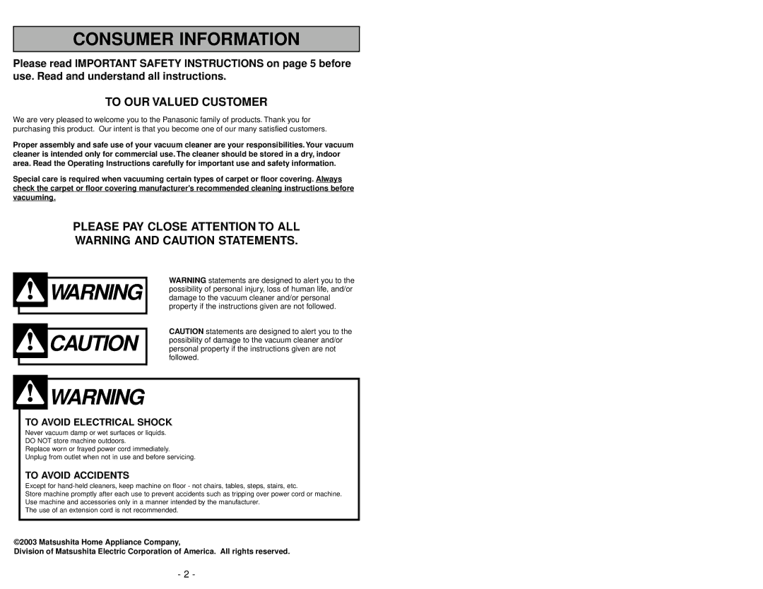 Panasonic MC-V325 manuel dutilisation Consumer Information 