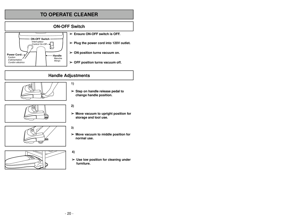 Panasonic MC-V325 manuel dutilisation ON-OFF Switch, Handle Adjustments 