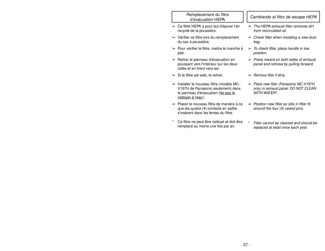 Panasonic MC-V325 manuel dutilisation Remplacement du filtre d’évacuation Hepa, Cambiando el filtro de escape Hepa 
