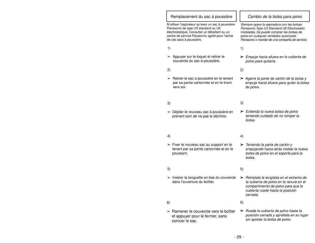 Panasonic MC-V325 manuel dutilisation Remplacement du sac à poussière, Cambio de la bolsa para polvo 