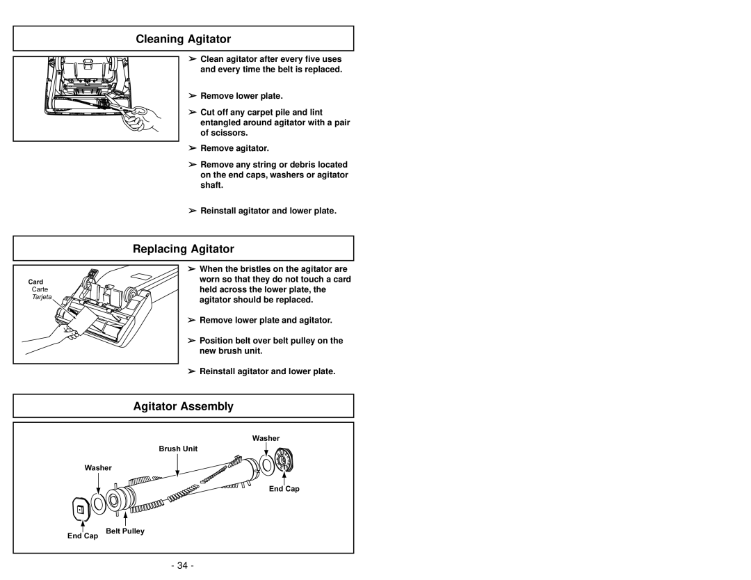 Panasonic MC-V325 manuel dutilisation Cleaning Agitator, Replacing Agitator, Agitator Assembly 