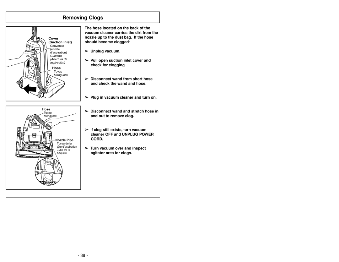 Panasonic MC-V325 manuel dutilisation Removing Clogs 