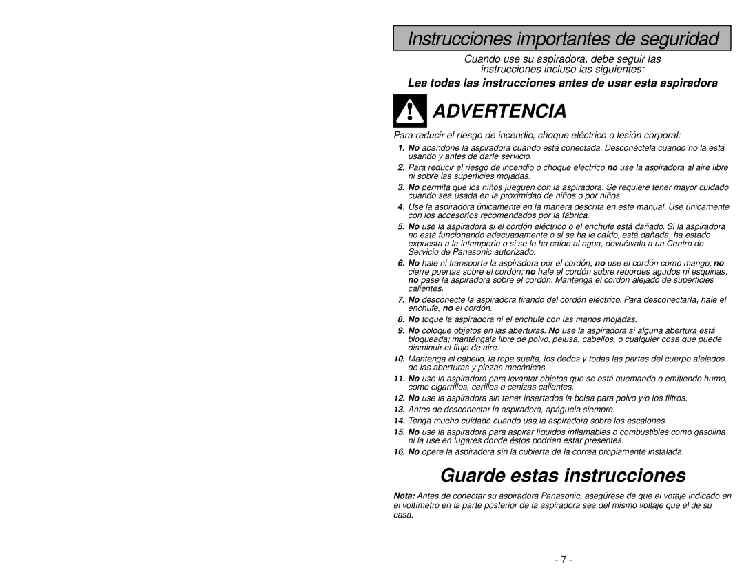 Panasonic MC-V325 manuel dutilisation Advertencia 