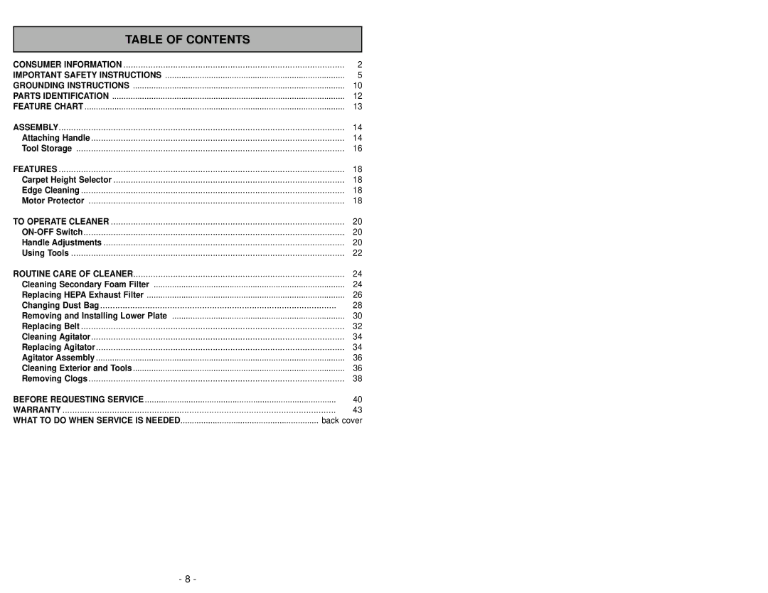 Panasonic MC-V325 manuel dutilisation Table of Contents 