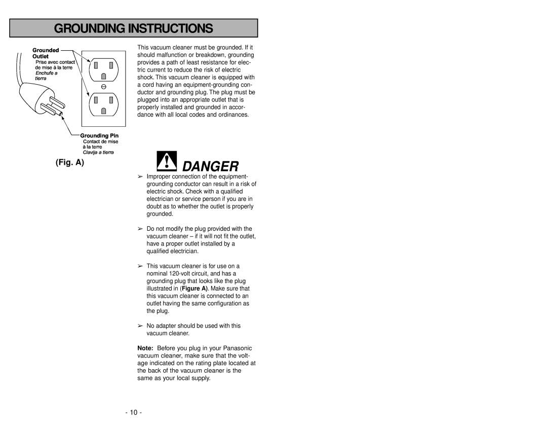 Panasonic MC-V325 manuel dutilisation Grounding Instructions, Danger, Fig. A, Grounded Outlet, Grounding Pin 