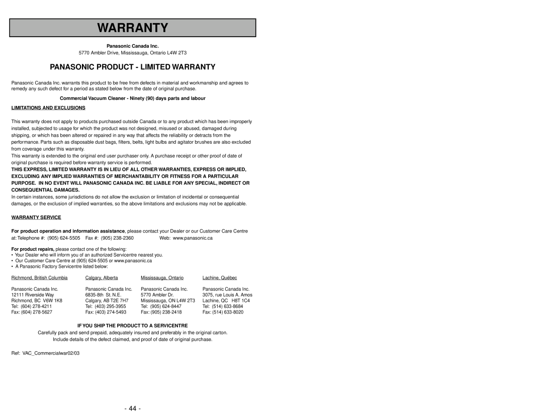 Panasonic MC-V325 Panasonic Product - Limited Warranty, Panasonic Canada Inc, Limitations And Exclusions 