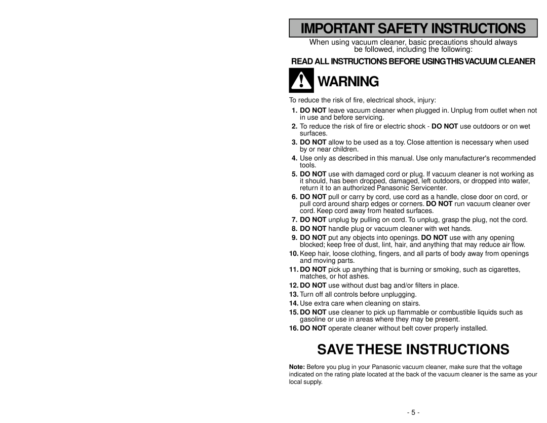 Panasonic MC-V325 Save These Instructions, Important Safety Instructions, be followed, including the following 