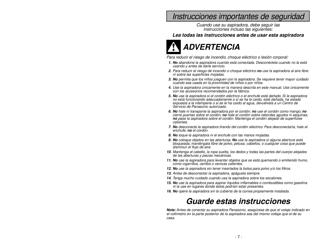 Panasonic MC-V325 manuel dutilisation Instrucciones importantes de seguridad, Advertencia, Guarde estas instrucciones 