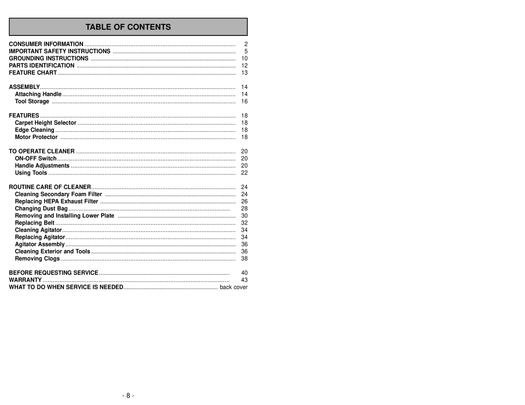 Panasonic MC-V325 manuel dutilisation Table Of Contents 
