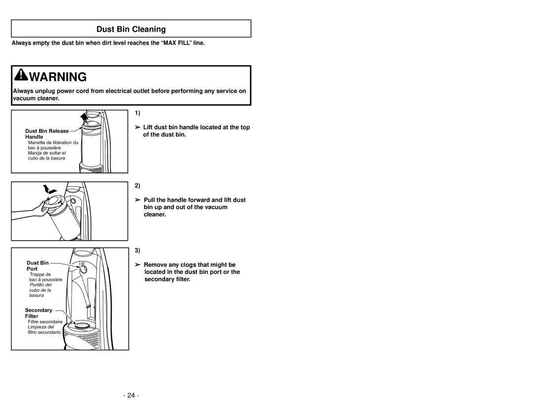 Panasonic MC-V413 manuel dutilisation Dust Bin Cleaning 