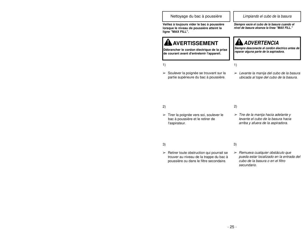 Panasonic MC-V413 manuel dutilisation Avertissement, Nettoyage du bac à poussière 