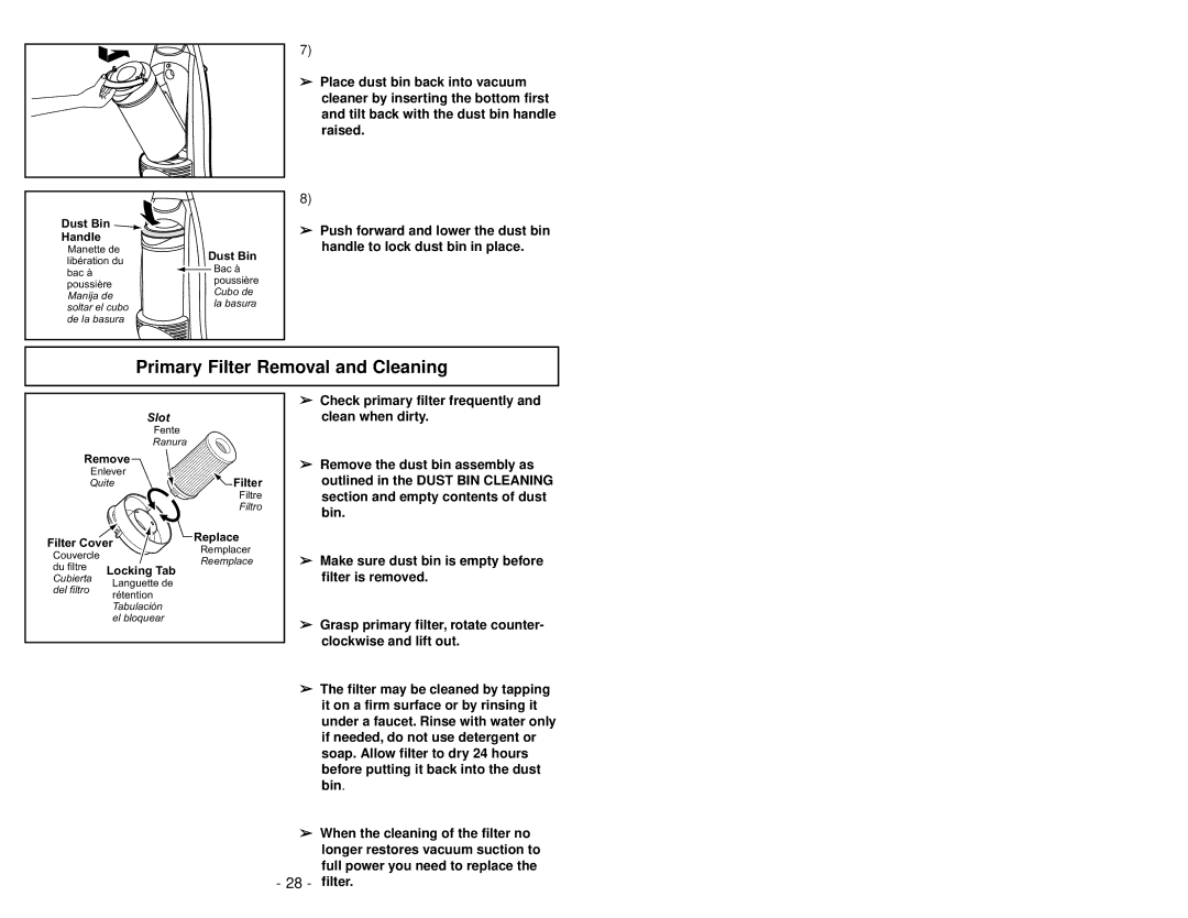 Panasonic MC-V413 manuel dutilisation Primary Filter Removal and Cleaning, Dust Bin 