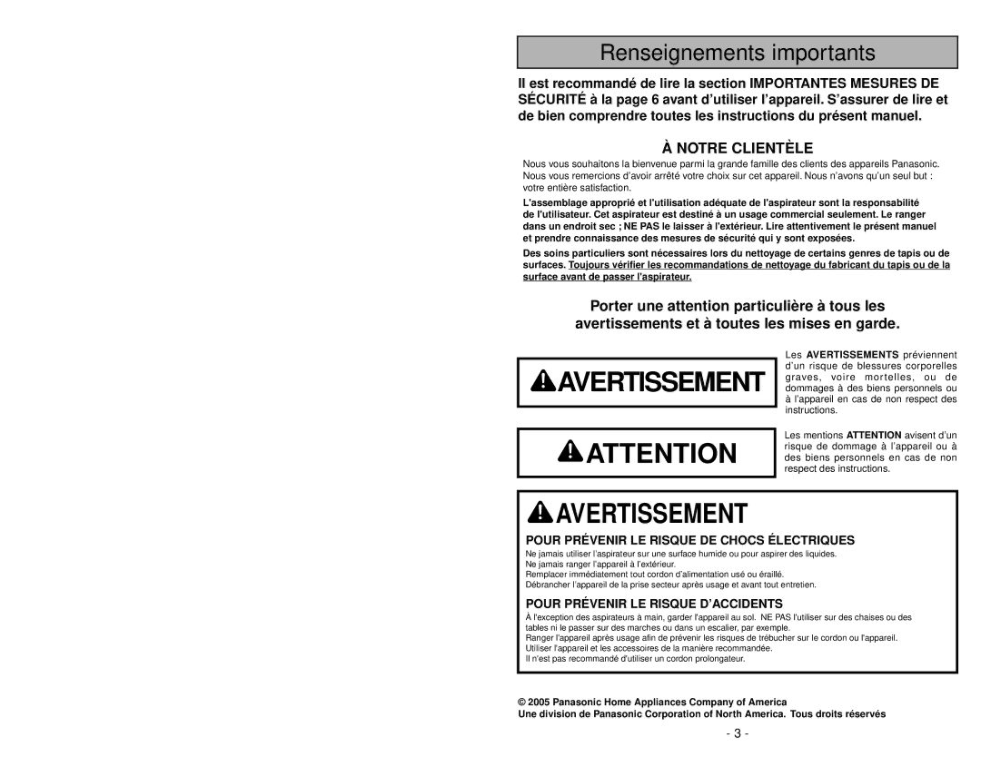 Panasonic MC-V413 manuel dutilisation Renseignements importants, Notre Clientèle 