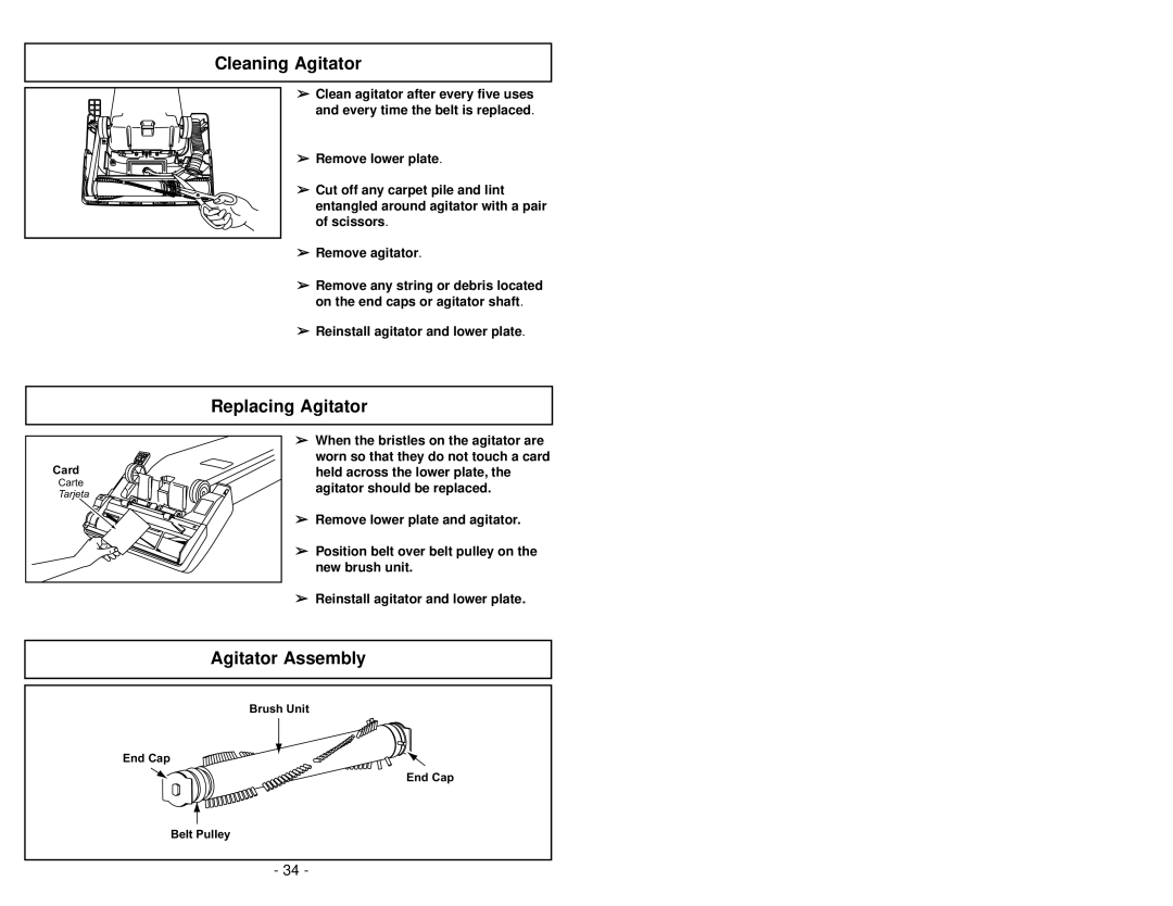 Panasonic MC-V413 manuel dutilisation Cleaning Agitator, Replacing Agitator, Agitator Assembly 