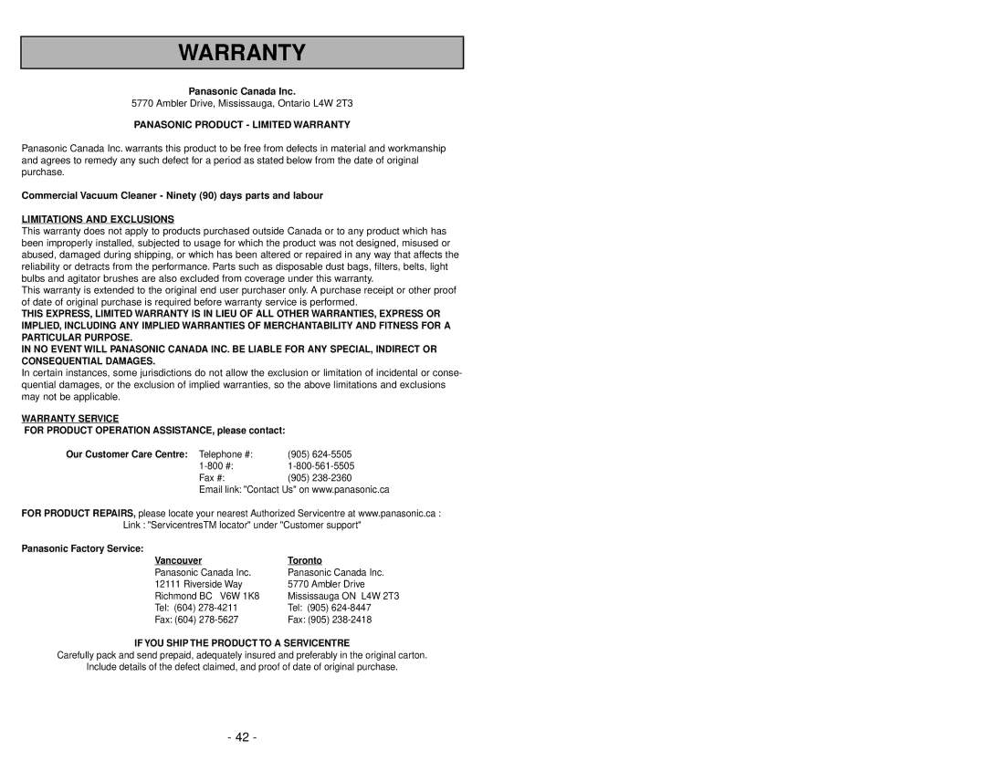 Panasonic MC-V413 manuel dutilisation Panasonic Product Limited Warranty 