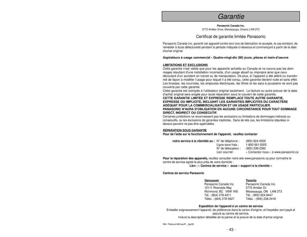 Panasonic MC-V413 manuel dutilisation Garantie 