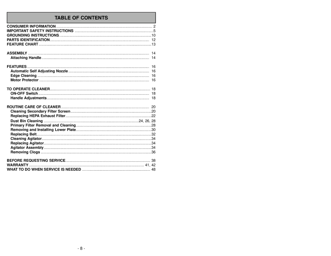 Panasonic MC-V413 manuel dutilisation Table of Contents 