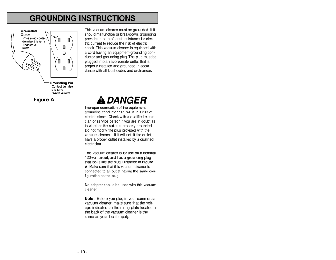 Panasonic MC-V413 manuel dutilisation Danger, Grounding Instructions, Figure A, Grounded Outlet, Grounding Pin 