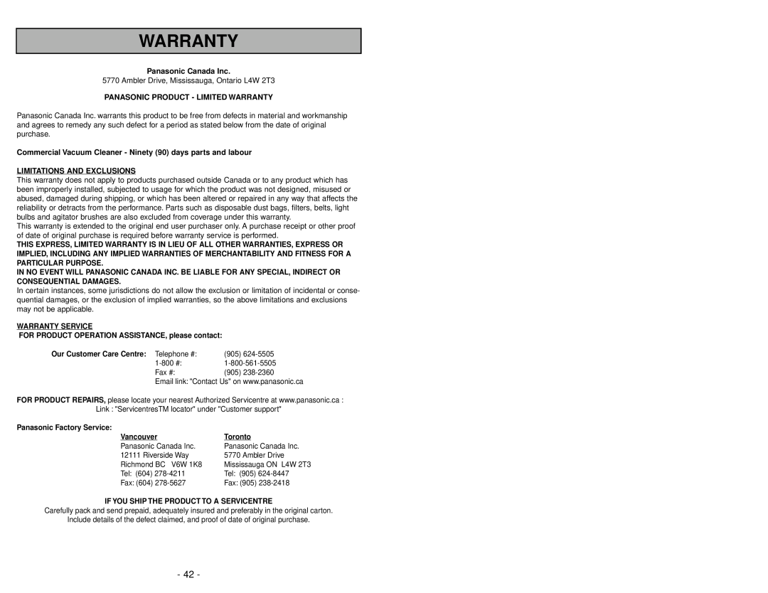 Panasonic MC-V413 Panasonic Canada Inc, Panasonic Product - Limited Warranty, Limitations And Exclusions 