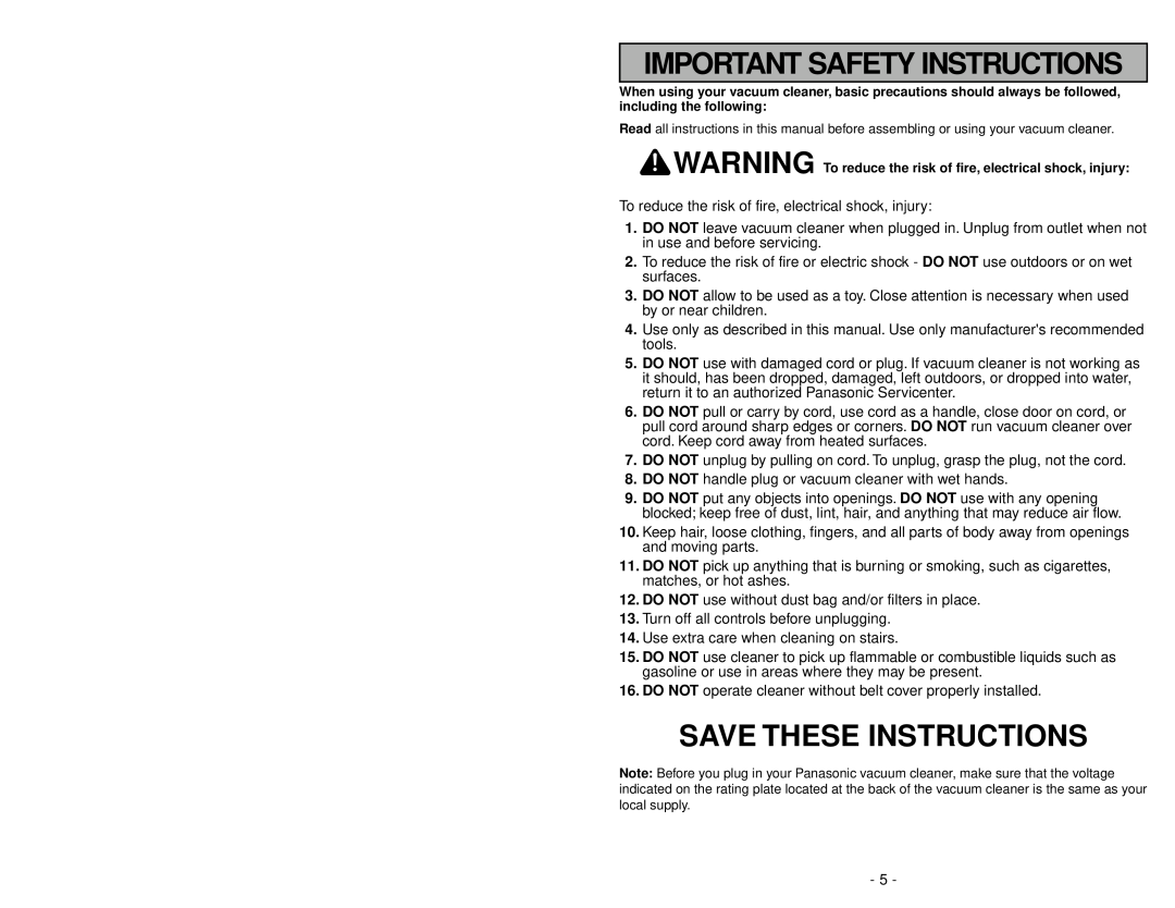 Panasonic MC-V413 manuel dutilisation Important Safety Instructions, Save These Instructions 