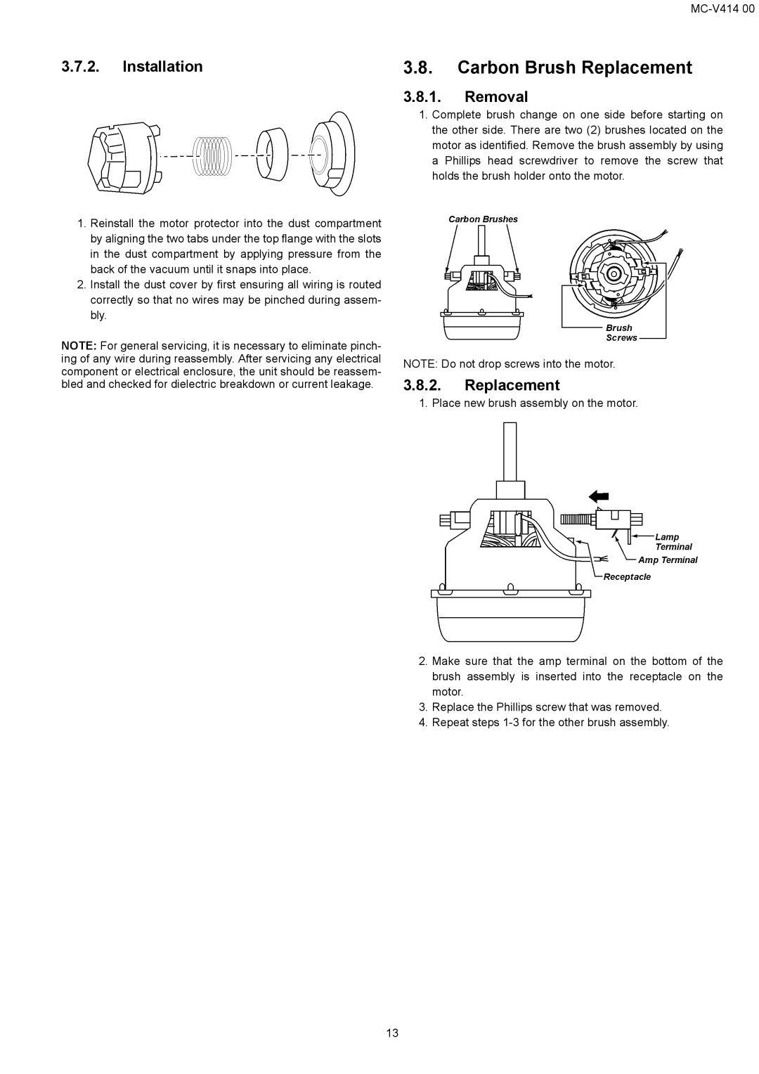 Panasonic MC-V414 00 specifications Carbon Brush Replacement 