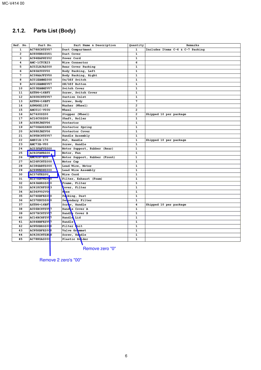 Panasonic MC-V414 00 specifications Parts List Body 