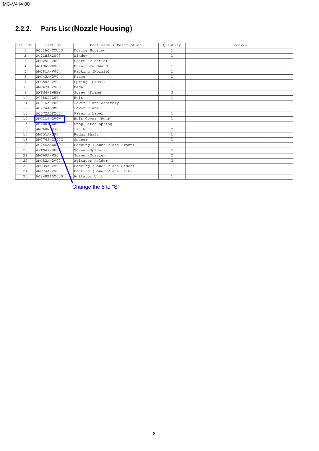 Panasonic MC-V414 00 specifications Parts List Nozzle Housing, AC10A2VZV07 