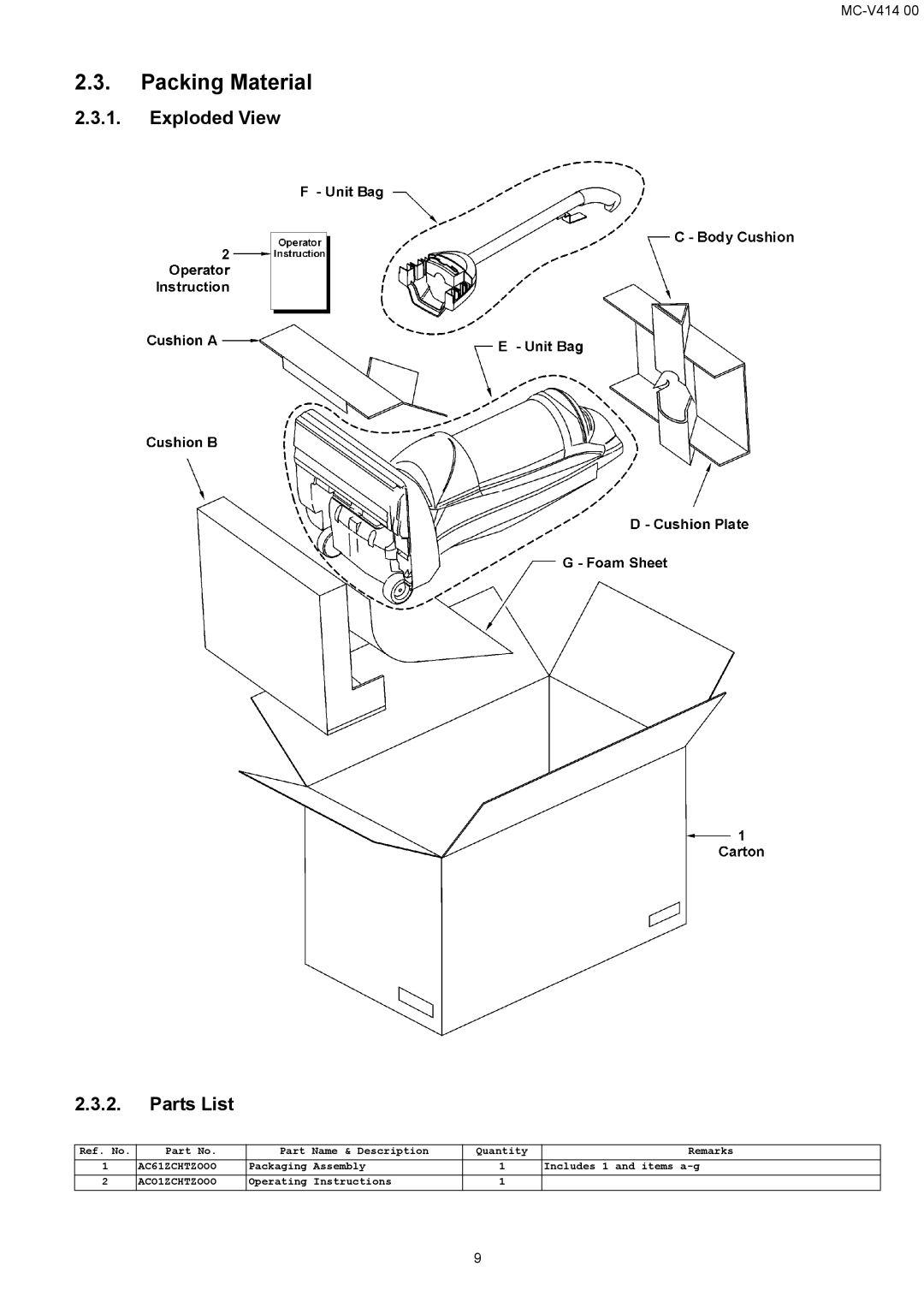 Panasonic MC-V414 00 specifications Packing Material, Exploded View Parts List 