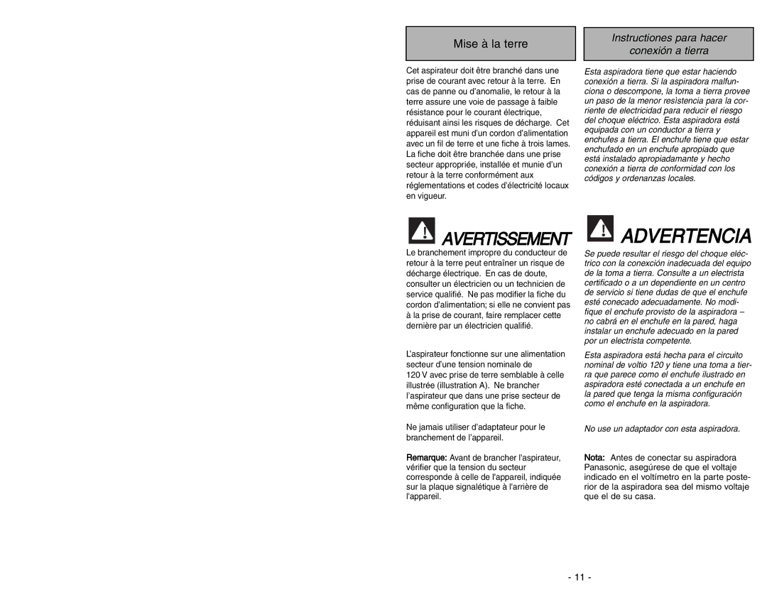 Panasonic MC-V414 manuel dutilisation Mise à la terre, Instructiones para hacer Conexión a tierra 