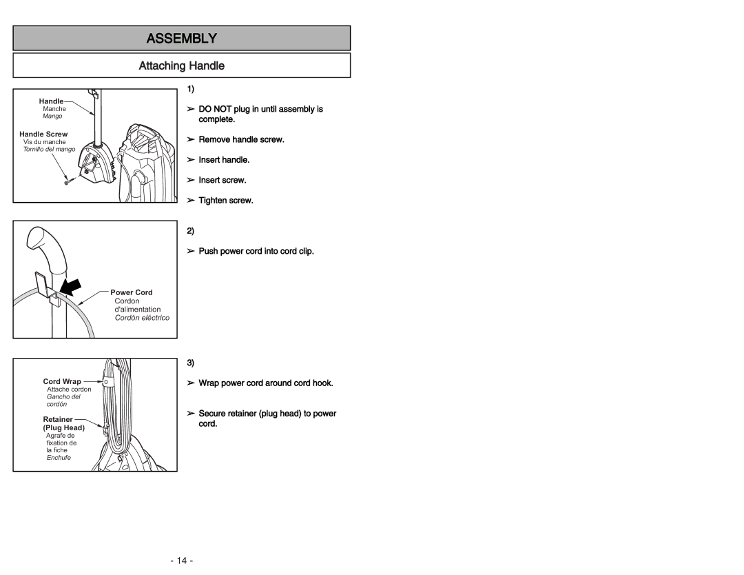Panasonic MC-V414 manuel dutilisation Attaching Handle, Cord Wrap, Retainer Plug Head 