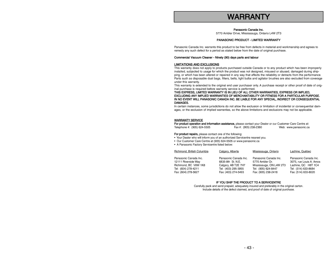 Panasonic MC-V414 manuel dutilisation Panasonic Product Limited Warranty 