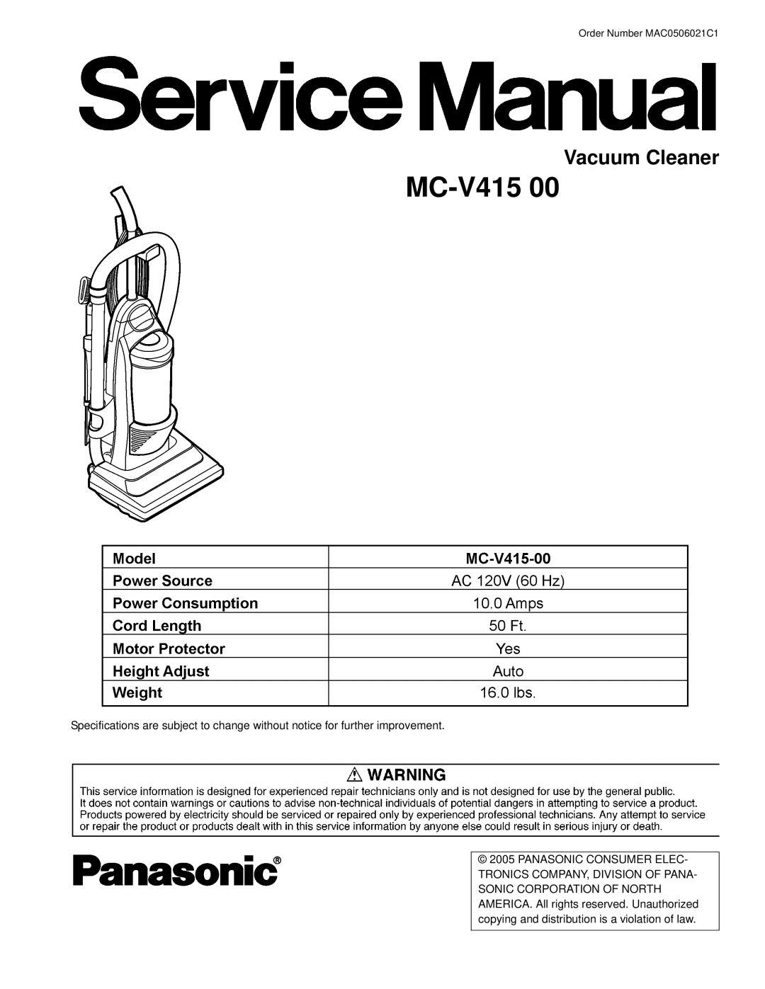 Panasonic mc-v41500 specifications MC-V415 