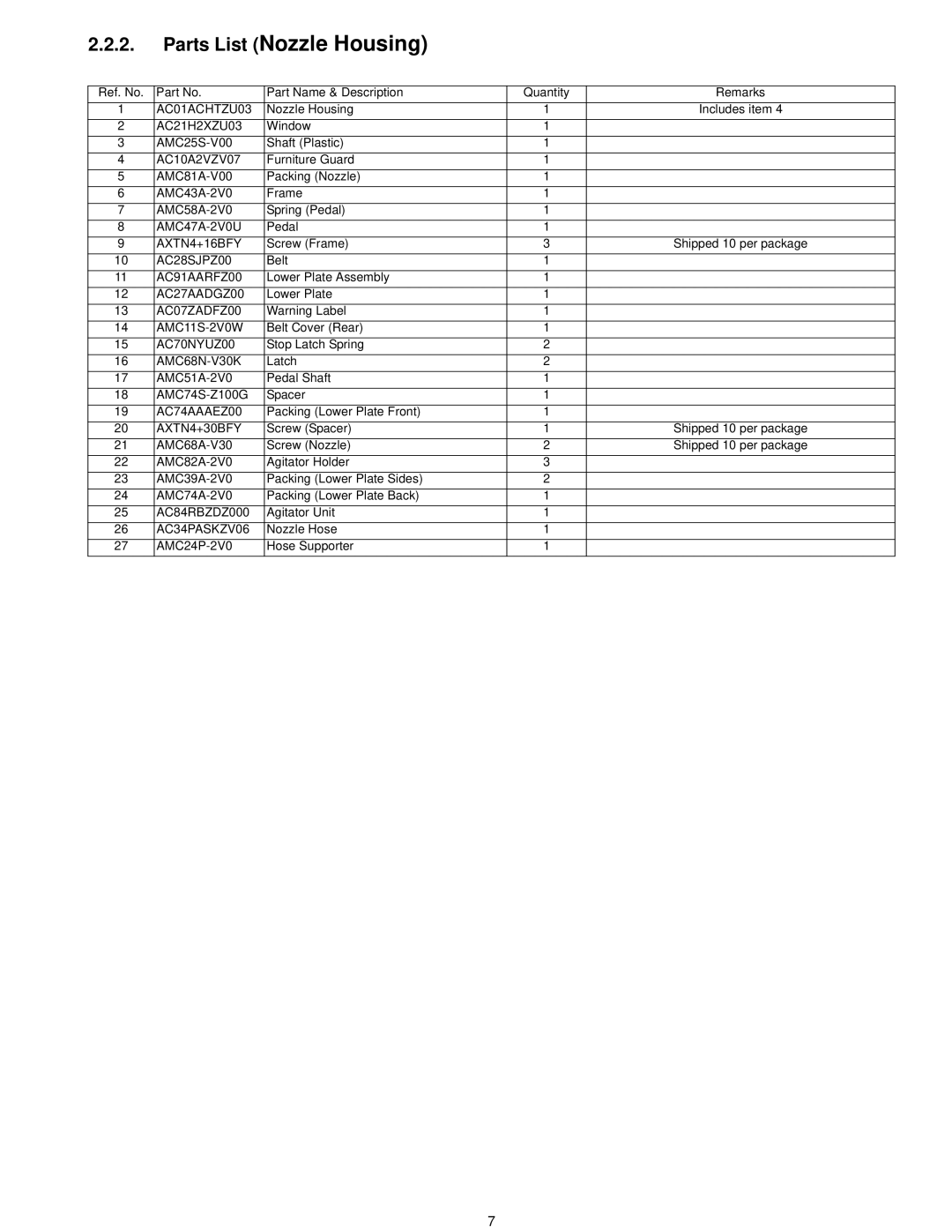 Panasonic mc-v41500 specifications Parts List Nozzle Housing, AC10A2VZV07 