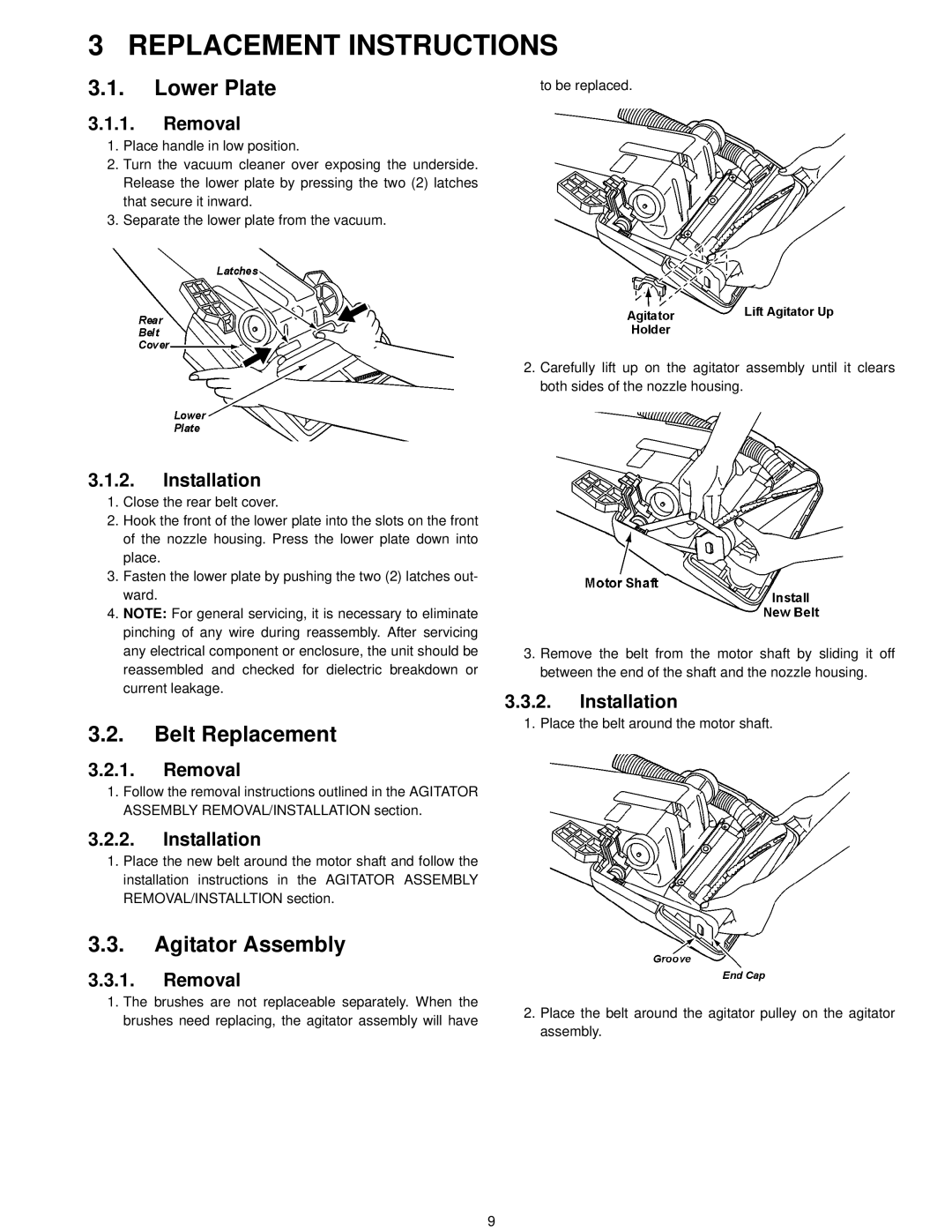 Panasonic mc-v41500 specifications Replacement Instructions, Lower Plate, Belt Replacement, Agitator Assembly 