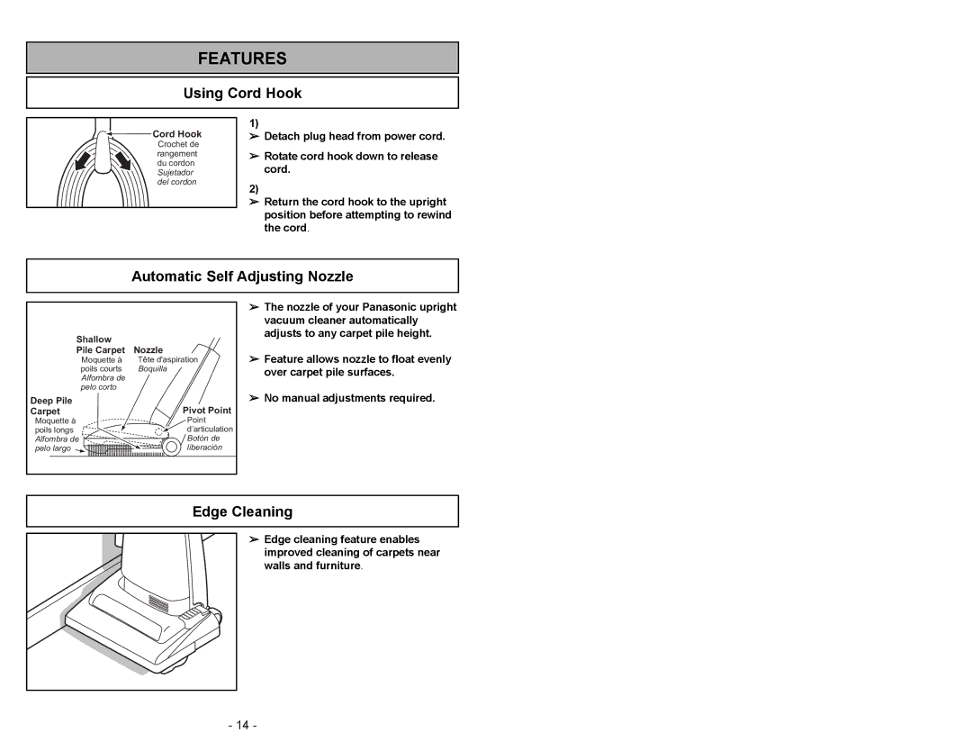 Panasonic MC-V5003 manuel dutilisation Using Cord Hook, Automatic Self Adjusting Nozzle, Edge Cleaning 