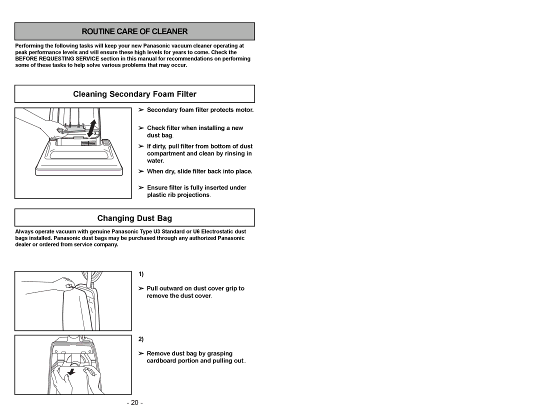 Panasonic MC-V5003 manuel dutilisation Cleaning Secondary Foam Filter, Changing Dust Bag 