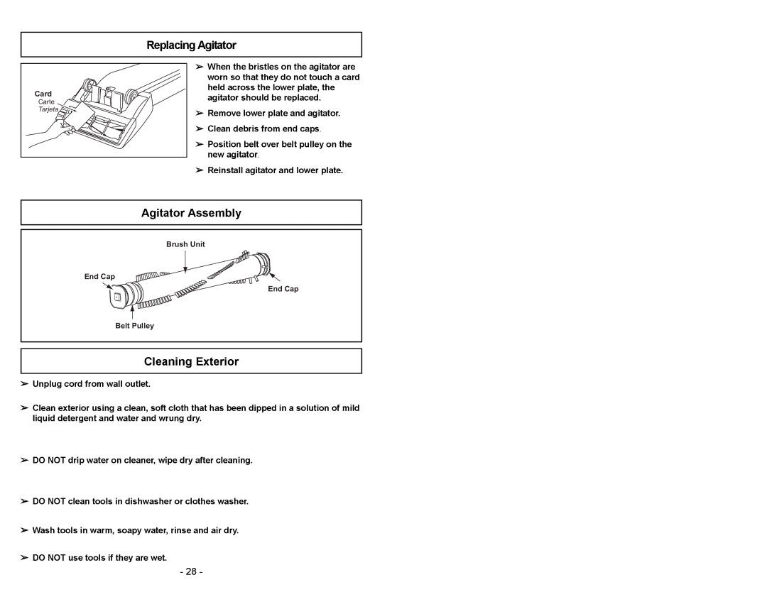 Panasonic MC-V5003 manuel dutilisation Replacing Agitator, Agitator Assembly, Cleaning Exterior 