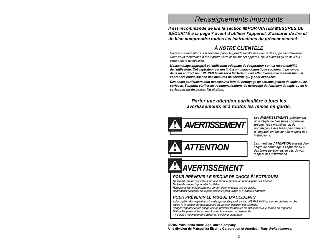 Panasonic MC-V5003 manuel dutilisation Avertissement 