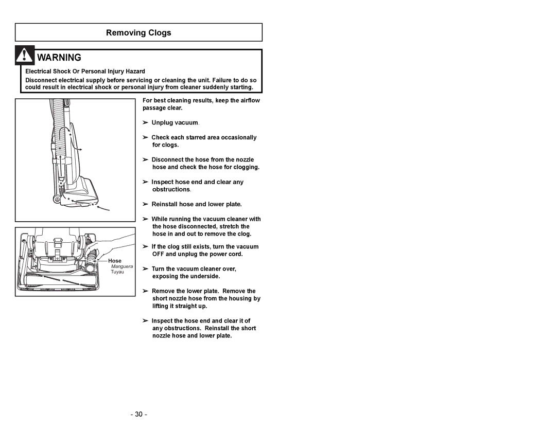 Panasonic MC-V5003 manuel dutilisation Removing Clogs, Electrical Shock Or Personal Injury Hazard 