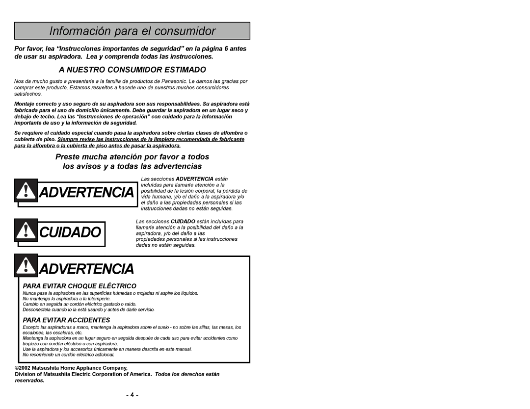 Panasonic MC-V5003 manuel dutilisation Cuidado 