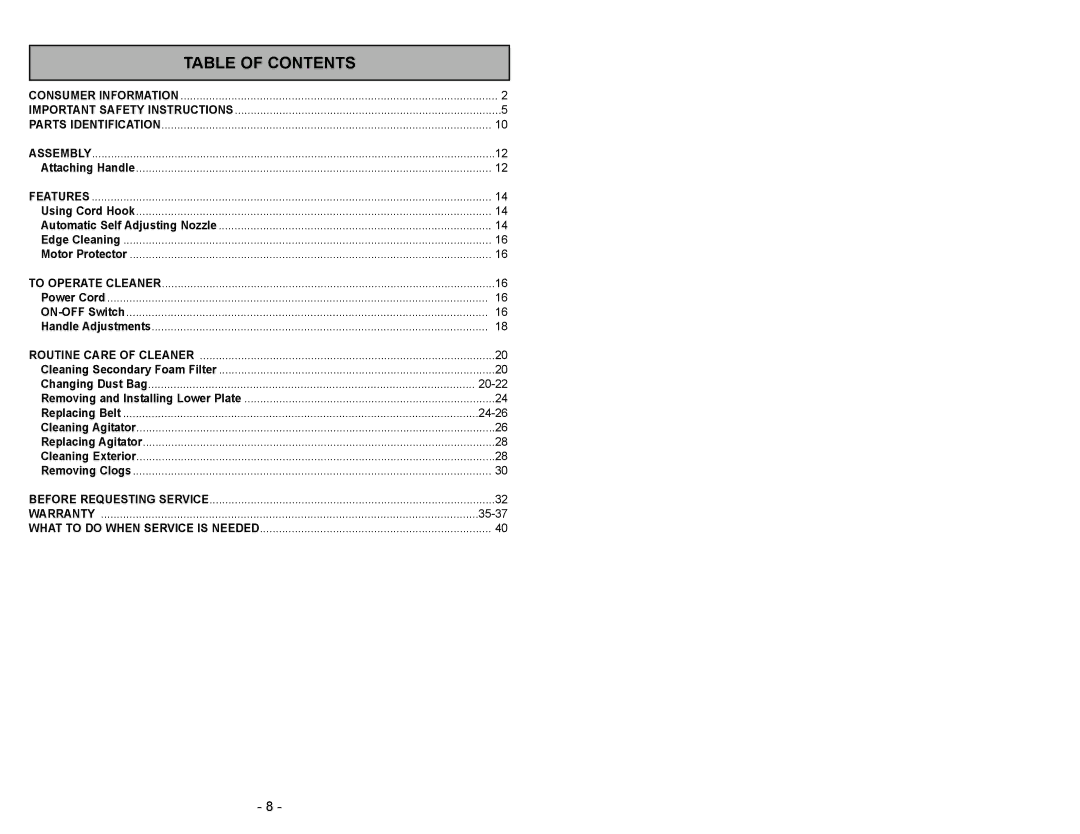 Panasonic MC-V5003 manuel dutilisation Table of Contents 