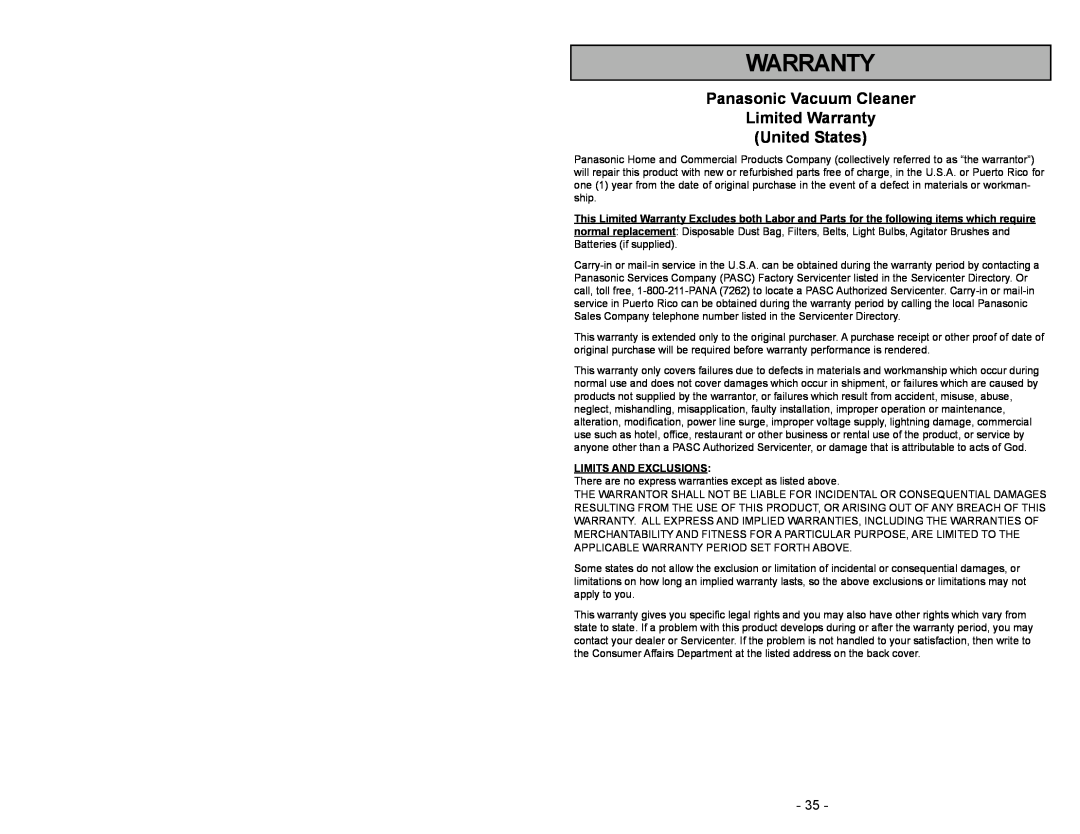 Panasonic MC-V5003 manuel dutilisation Panasonic Vacuum Cleaner Limited Warranty, United States, Limits And Exclusions 