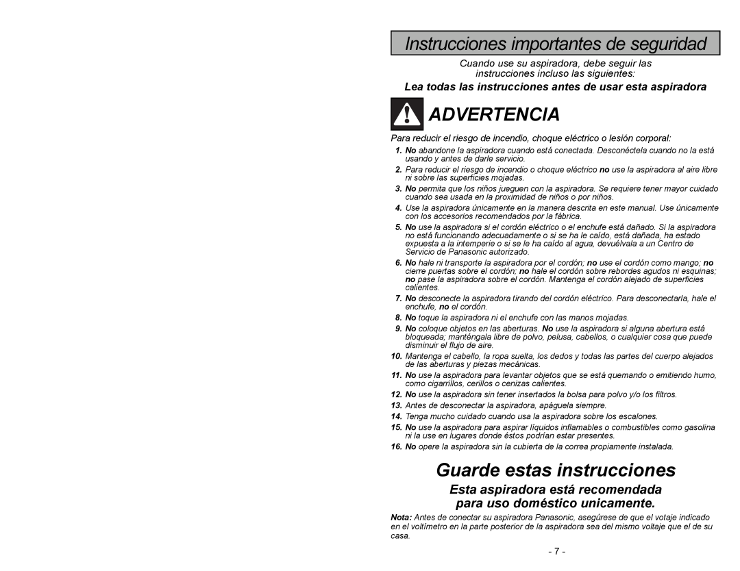 Panasonic MC-V5003 manuel dutilisation Instrucciones importantes de seguridad, Advertencia, Guarde estas instrucciones 
