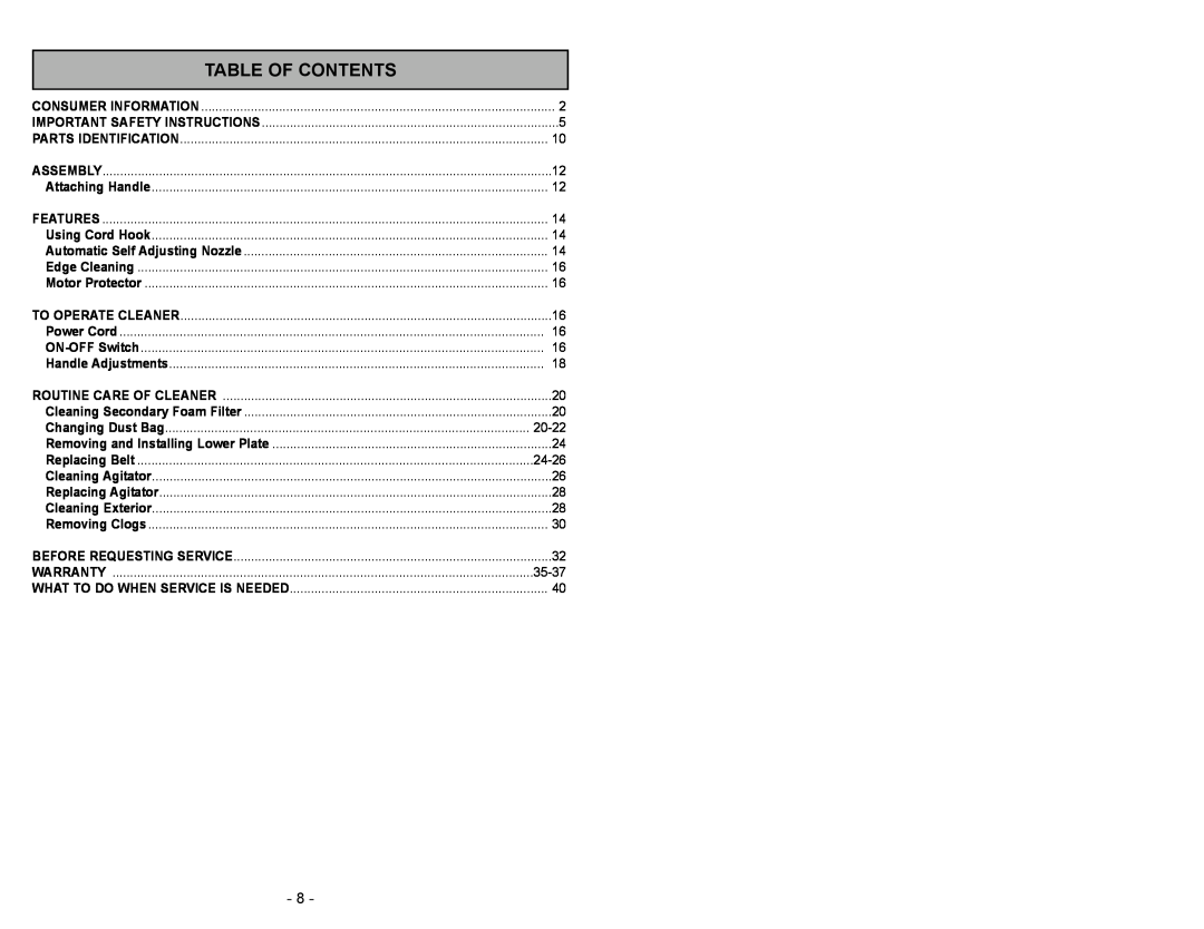 Panasonic MC-V5003 manuel dutilisation Table Of Contents 