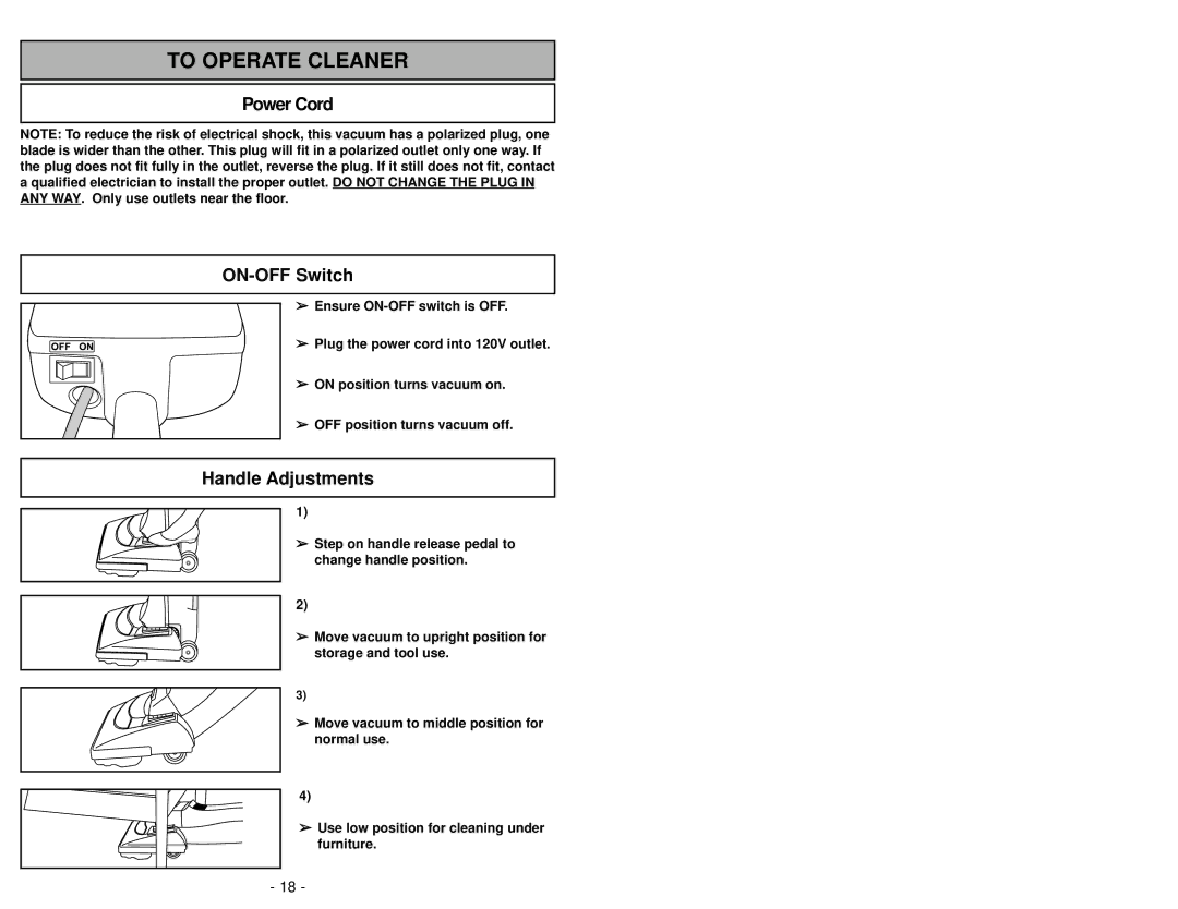 Panasonic MC-V5004 manuel dutilisation Power Cord ON-OFF Switch, Handle Adjustments 